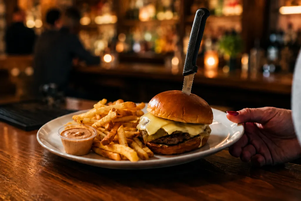 Burger and fries at the bar